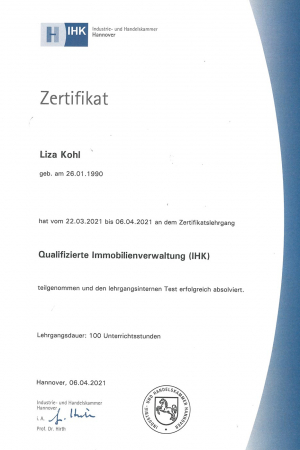 IHK-Zertifikat-Hausverwalterin Liza Kohl, Geschäftsführerin von LIZA IMMOBILIEN